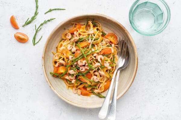 Spaghetti met garnalen nage, venkel en zeekraal