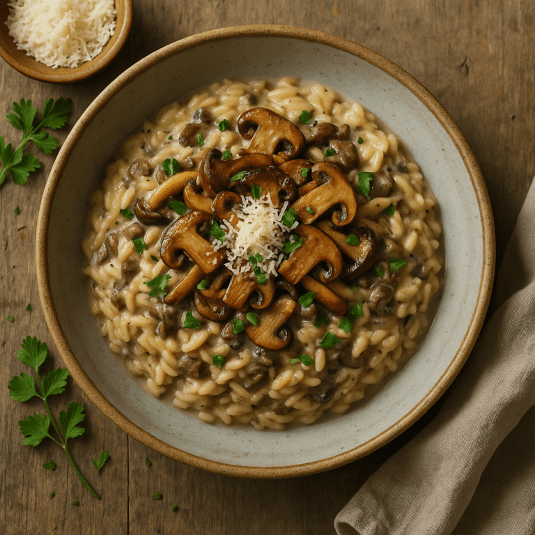 Foto Orzo met paddenstoelen, spinazie en Parmezaanse kaas