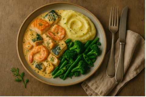 Foto Romige visstoofpot met dille, romige puree en verse groenten