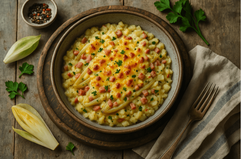 Foto Rijke witlofschotel met boerenham en kaas uit de oven