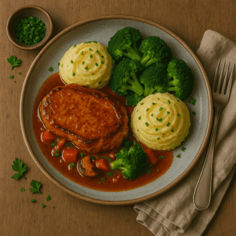 Foto Varkensfiletlapje uit de jus met broccoli en aardappeltjes
