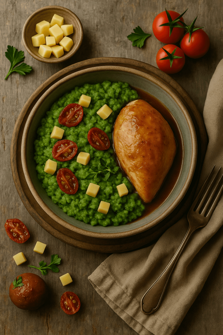 Foto Broccoli stamppot met  oude kaas zontomaat en kipfilet