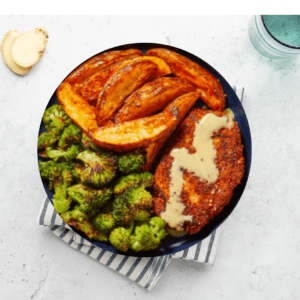 Kip schnitzel met mosterdsaus, broccoli en roseval