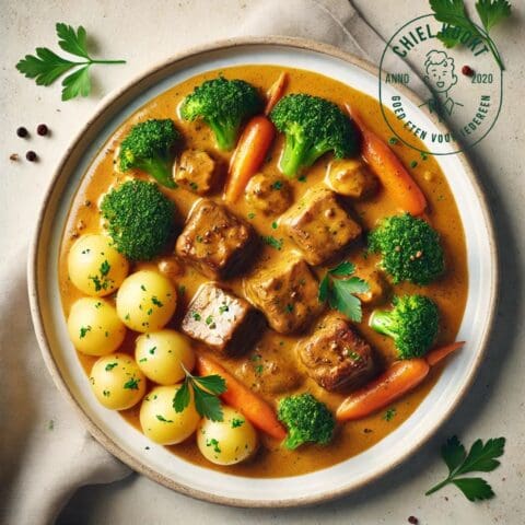 Foto Varkensprocureur in  mosterdsaus met broccoli en wortel