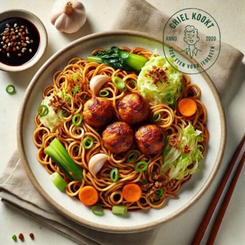 Foto Bami goreng met zoet zure indische gehaktballetjes