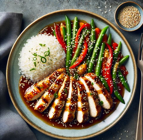 Foto Japanse sesam kip met boontjes en paprika