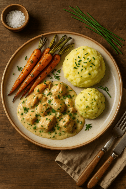 Foto Romig kippenstoofpotje met aardappel-bieslook puree