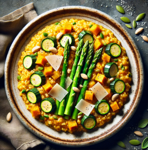 Foto Pompoenrisotto met courgette, spinazie, gember en pistache