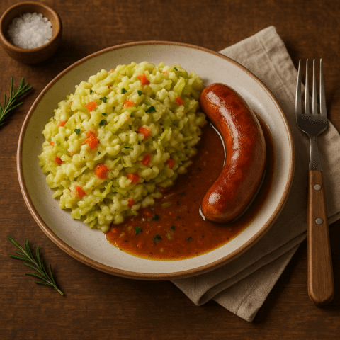 Foto Stamppot Spitskool met punt paprika en verse worst