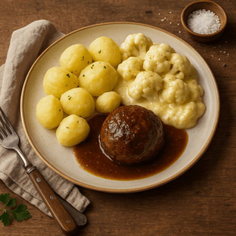 Foto AVG’tje van bloemkool met kaassaus, aardappeltjes en een gehaktbal