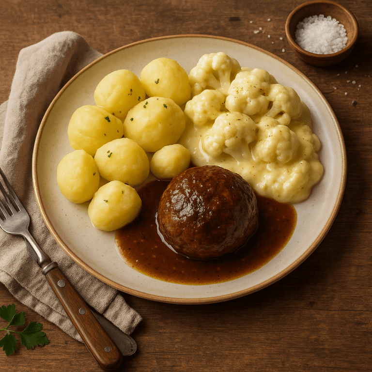 Foto AVG’tje van bloemkool met kaassaus, aardappeltjes en een gehaktbal