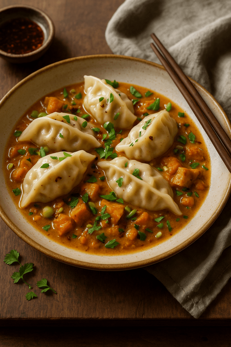 Foto Gyoza groente dumplings met Rode Curry