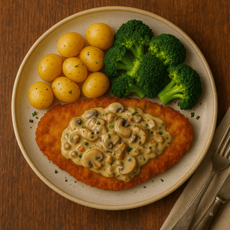 Foto Kip schnitzel met paddenstoelensaus, Broccoli en gebakken krieltjes