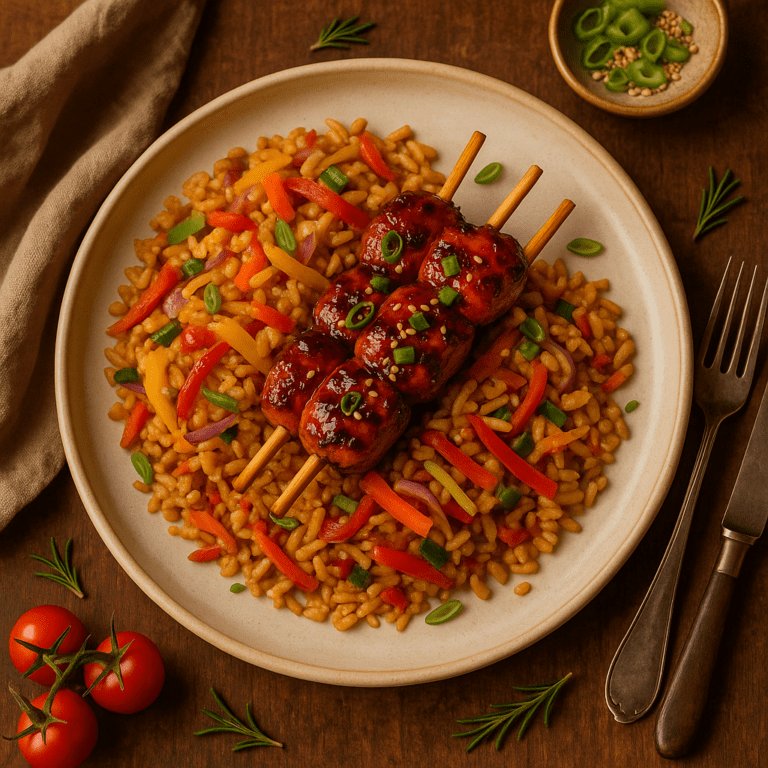 Foto Oosterse Yakitori kip en wokgroenten