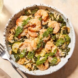 Romige Orzo met pesto en Gamba's