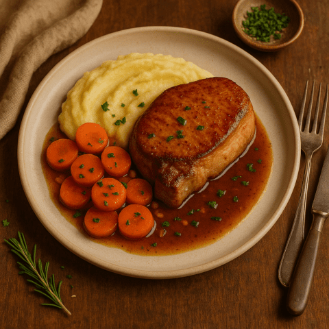Foto Varkensprocureur uit de jus met wortel en romige puree