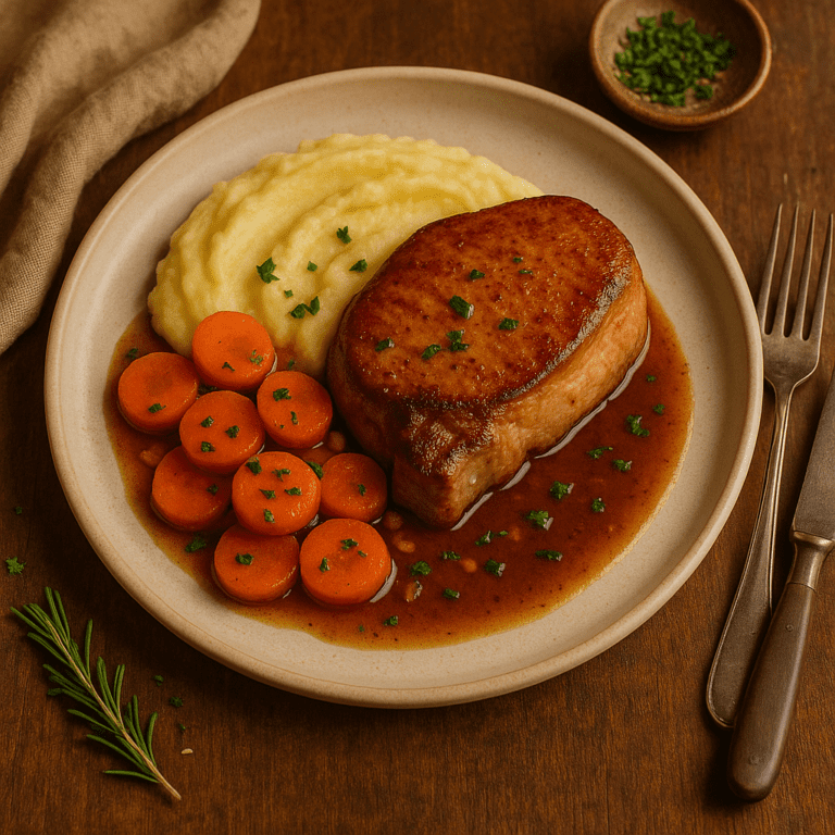 Foto Varkensprocureur uit de jus met wortel en romige puree