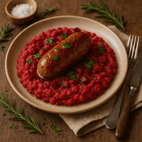 Foto Stamppot rode bietjes met ui, appel en een rundersaucijs