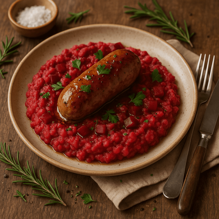 Foto Stamppot rode bietjes met ui, appel en een rundersaucijs