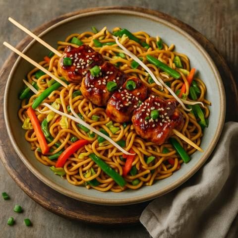 Foto Indische Bami-goreng met kip-yakitori style