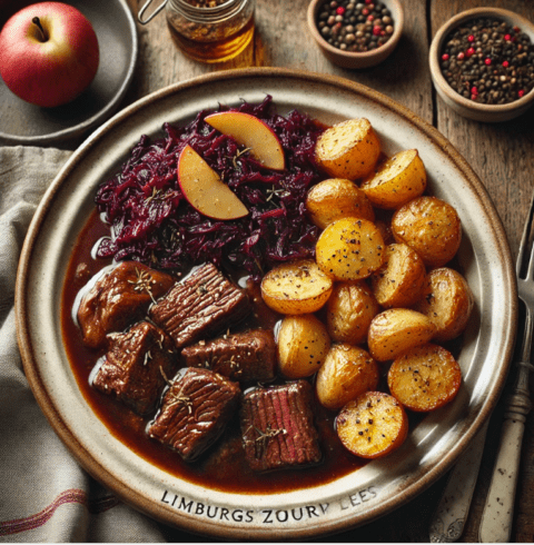 Foto Limburgs Zuurvlees met rodekool en oven aardappeltjes