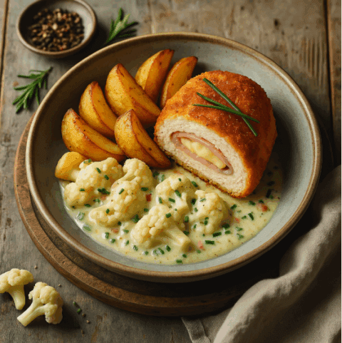Foto Heerlijke Kip Cordon Bleu met bloemkool en knapperige aardappeltjes