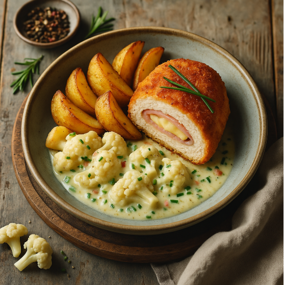 Foto Heerlijke Kip Cordon Bleu met bloemkool en knapperige aardappeltjes