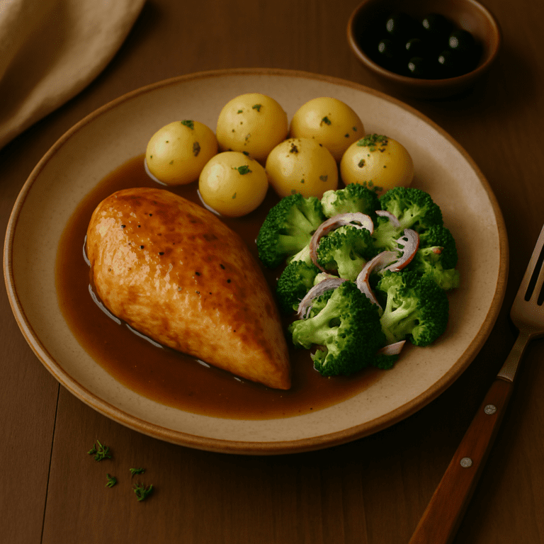 Foto Kipfilet uit de jus met romige broccoli, rode ui en krieltjes