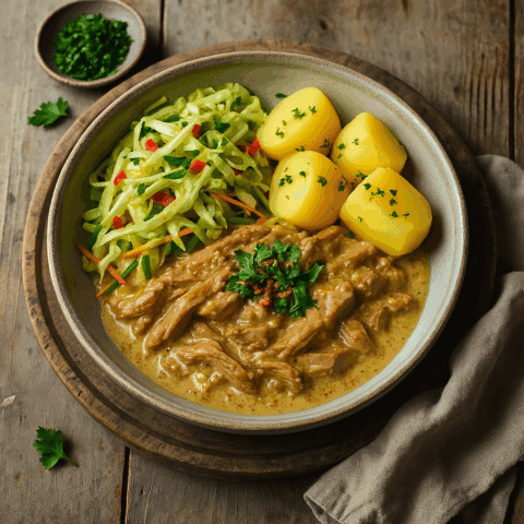 Foto Varkensstoofpotje in romige mosterdsaus met spitskool