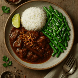 Beef rendang met rijst en kokos boontjes Indonesische Rendang