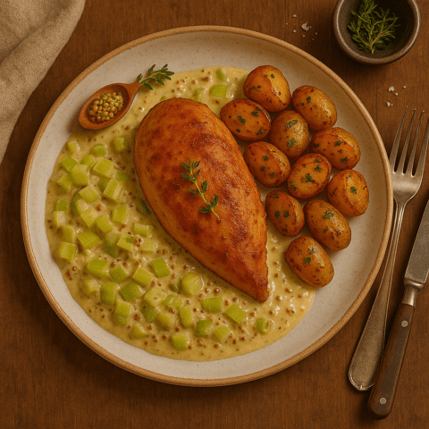 Foto Kipfilet in romige mosterdsaus met gestoomde prei