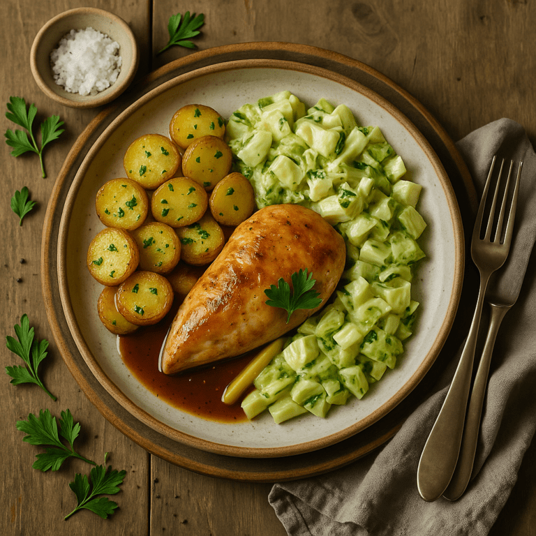 Foto Gemarineerde kipfilet uit de jus met opbakkaardappels en witlof à la crème