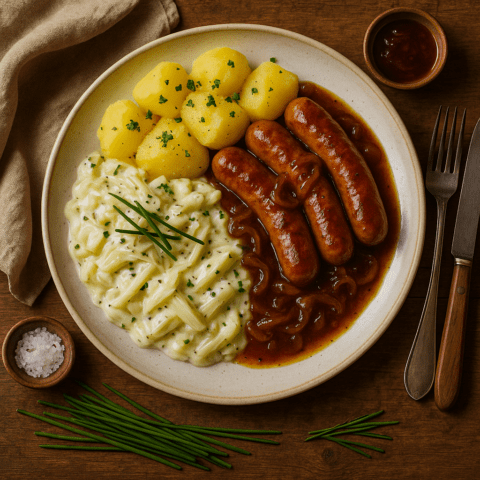 Foto Chipolata worstjes in stroperige uienjus, witlof à la crème en kruimige aardappels