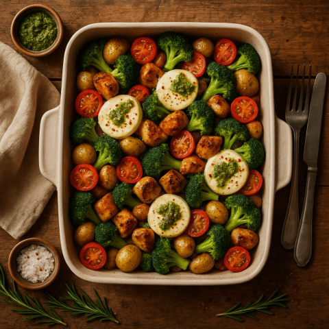 Foto Italiaanse ovenschotel met broccoli, cherrytomaatjes, kip en pesto