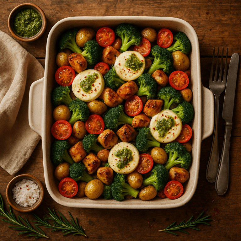 Foto Italiaanse ovenschotel met broccoli, cherrytomaatjes, kip en pesto