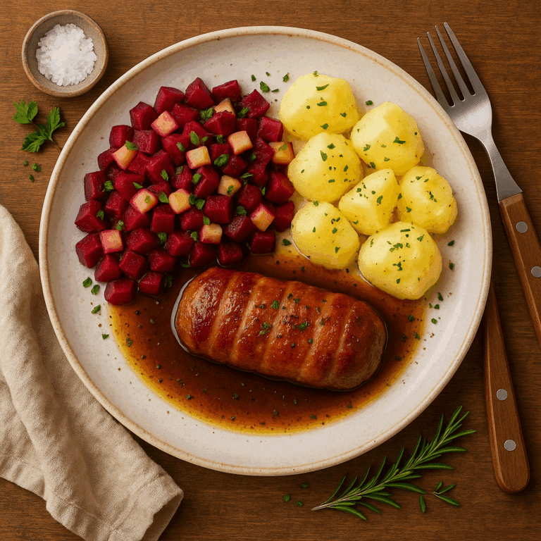 Foto Slavink uit de jus, met bietjes, appel, ui en kruimige aardappeltjes
