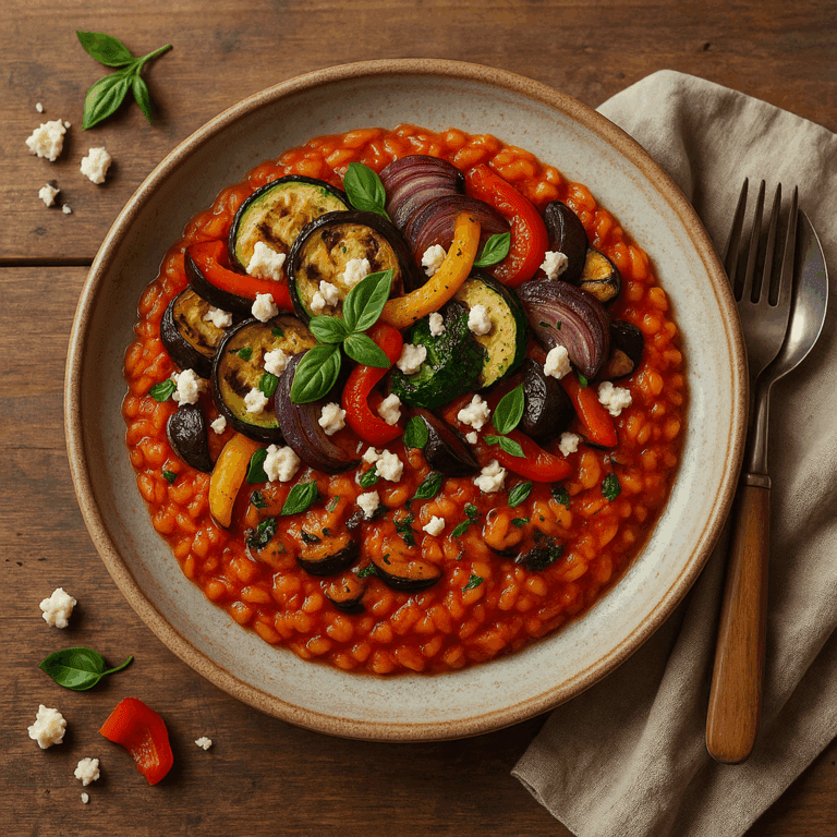 Foto Tomaten risotto met gegrilde groente en feta