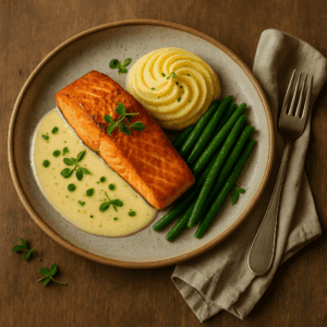 Gebakken zalm met boontjes Zalmfiletje met witte wijnsaus en haricot verts