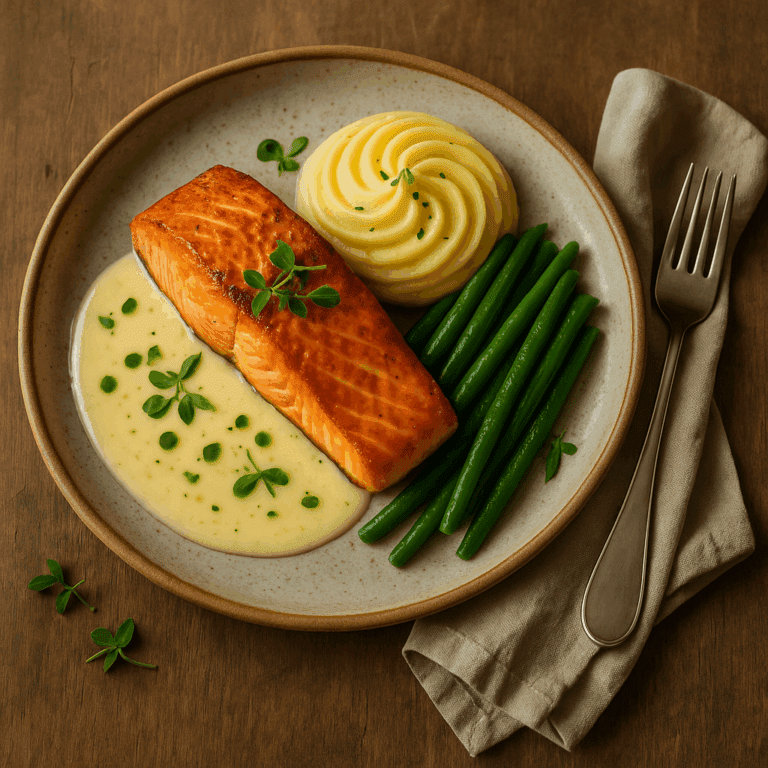Foto Zalmfiletje met witte wijnsaus en haricot verts