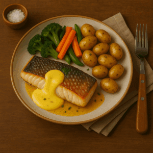 Gebakken schelvis met Hollandaisesaus, krieltjes en Hollandse groenten